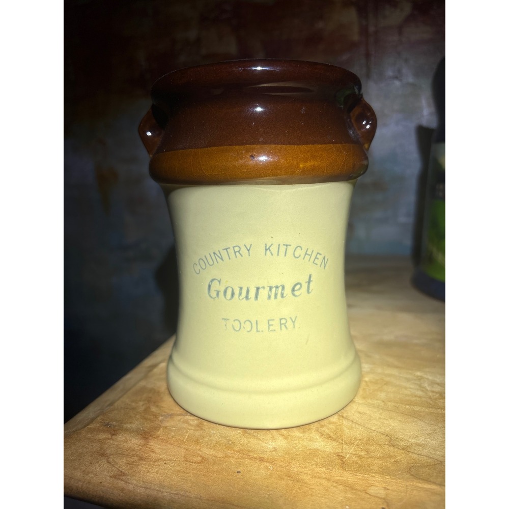 Vintage Country Kitchen Gourmet Toolery Stoneware Crock Small Two Tone Brown 5in